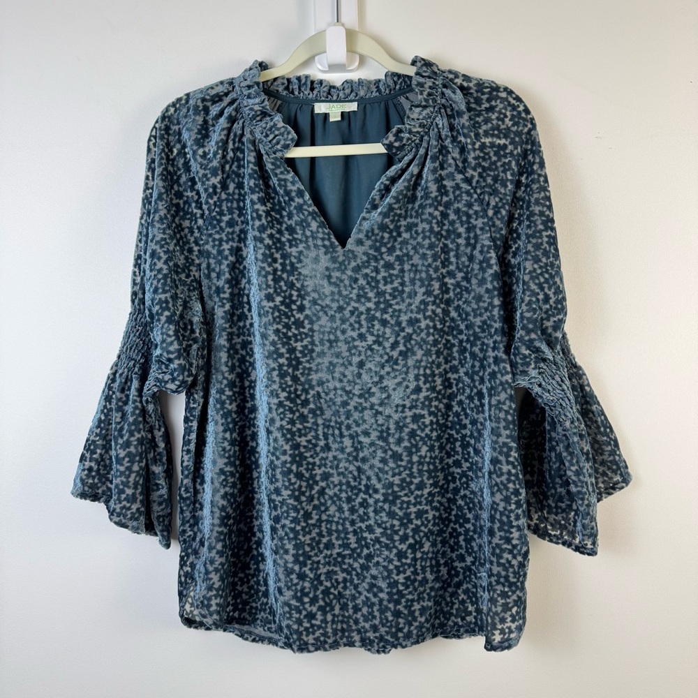 Jade Melody Tam Burnout Floral Romantic Blouse Top Velvet Small Bell Sleeves